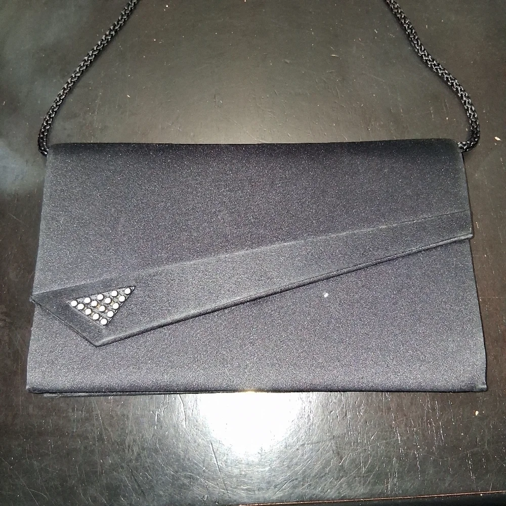 80's Vintage Black Evening Clutch/Bag With Rhinestones